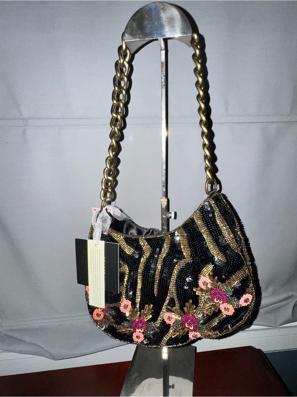 Beaded Black and Gold Beaded Shoulder Bag with Floral Accents